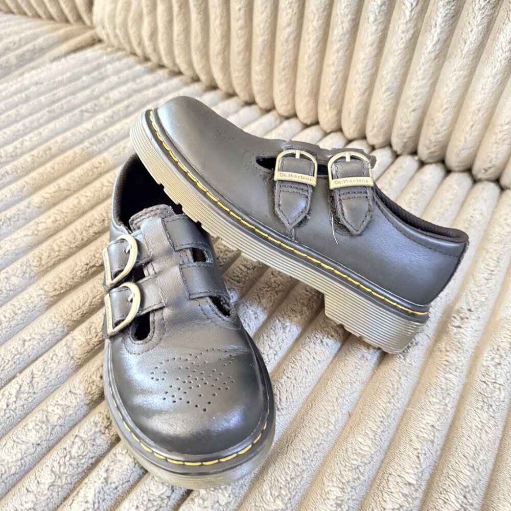 Dr. Martens Kids Double Buckle Mary Jane Shoes Black Leather US 13